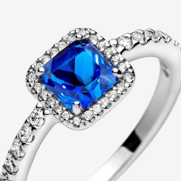 Blue Square Sparkle Halo Ring Pandora Suomi